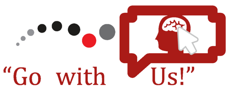A red and grey graphic design showing 'Go with Us!' text with floating dots leading to a speech bubble containing a brain icon and cursor