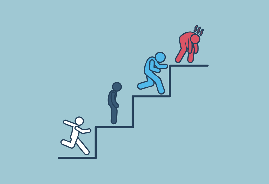 Illustration representing step therapy, as person icon gets higher up the stairs they get more fatigued. 