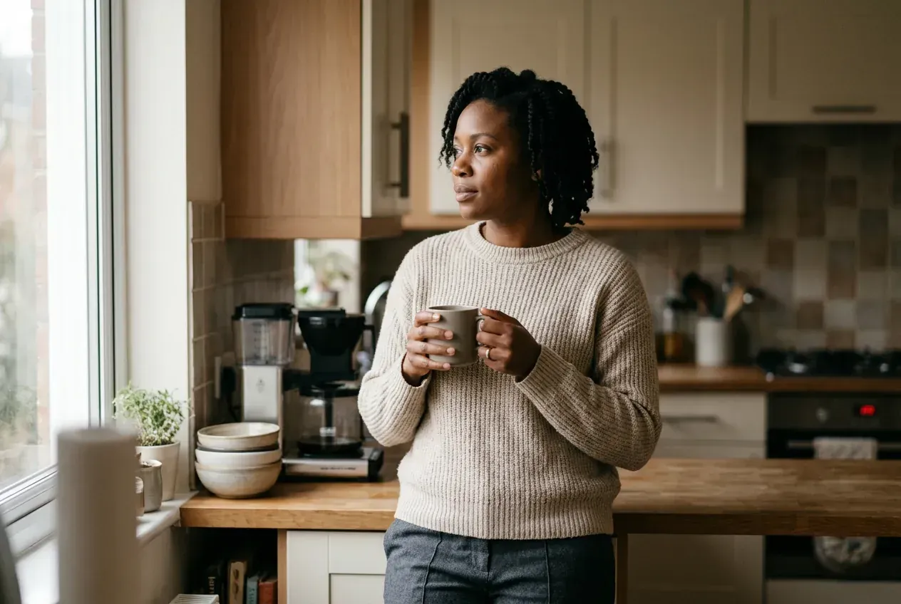 A woman standing at a kitchen counter in morning light, holding a mug with both hands, looking out of the window.