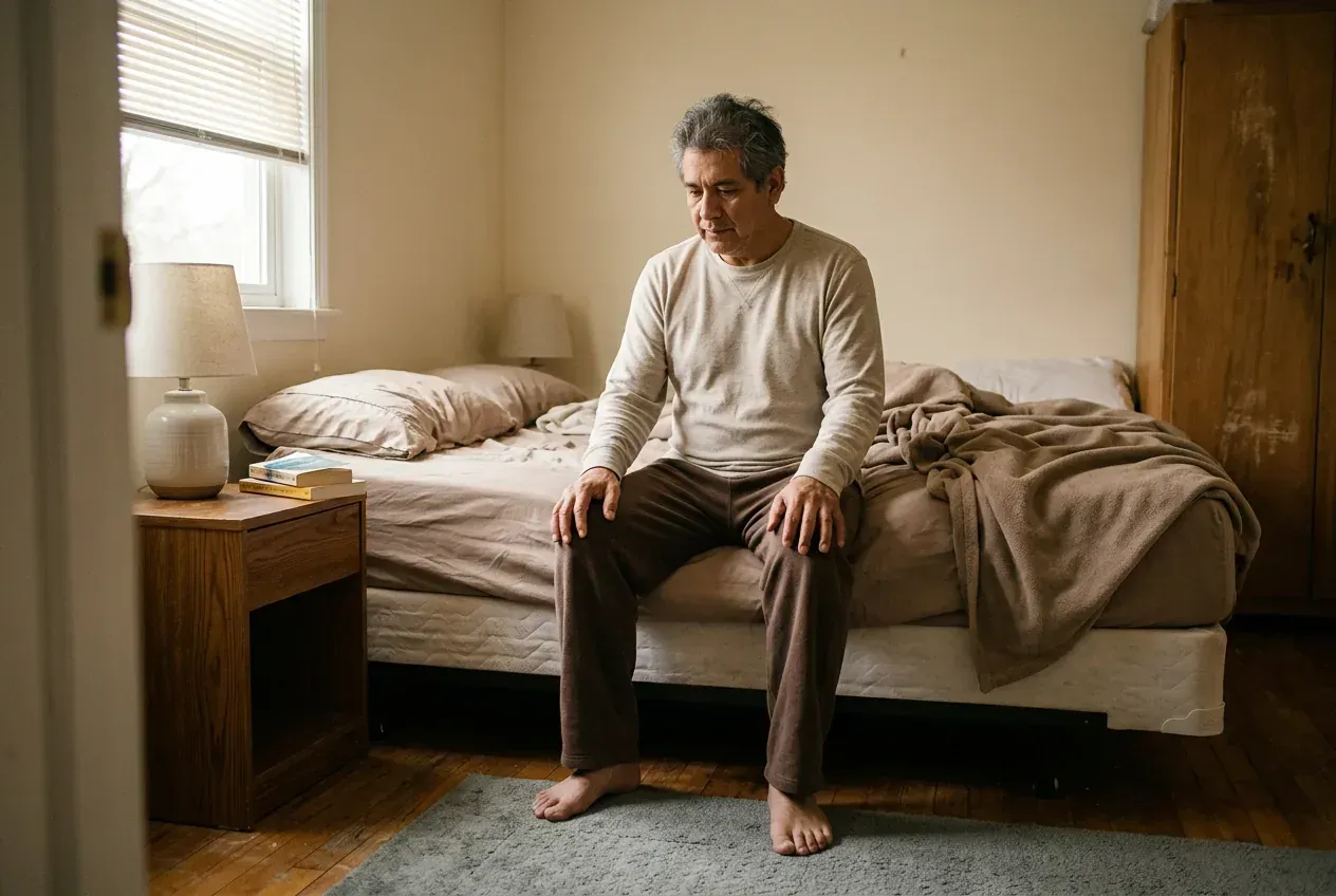 A man sitting on the edge of an unmade bed, bare feet on the floor, hands resting on his knees.