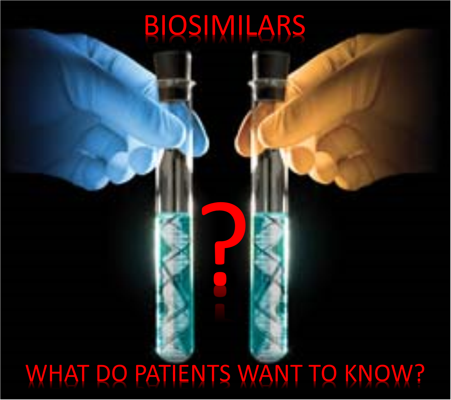 Two gloved hands holding test tubes with a glowing question mark between them, symbolizing biosimilar education and research