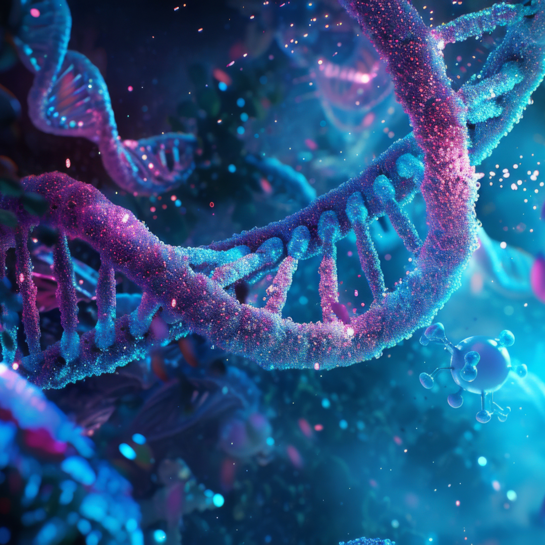 DNA strand, blue and purple hues, microscopic view of genetic material.