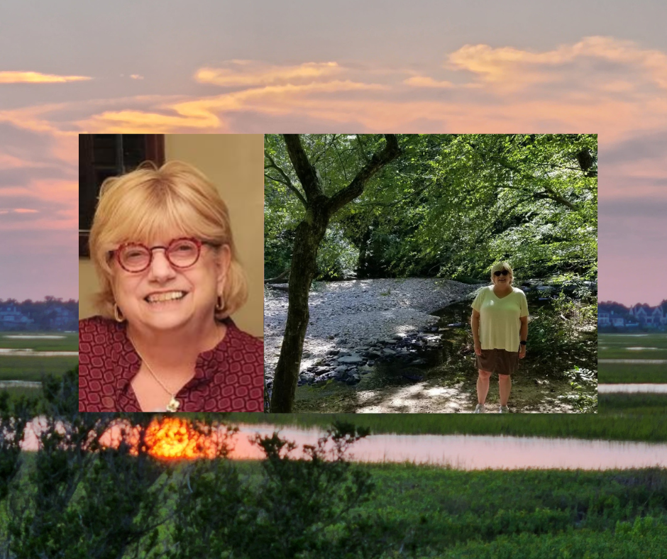 Photo of author beside another photo of author and her husband in nature