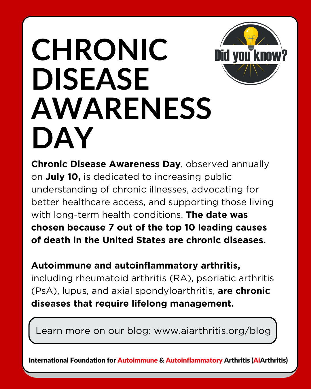 Poster for Chronic Disease Awareness Day with text and a lightbulb graphic.