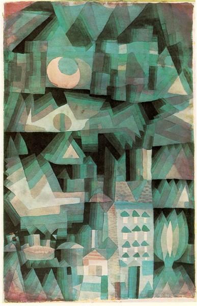 Abstract geometric cityscape with a crescent moon and green, turquoise, and tan hues.