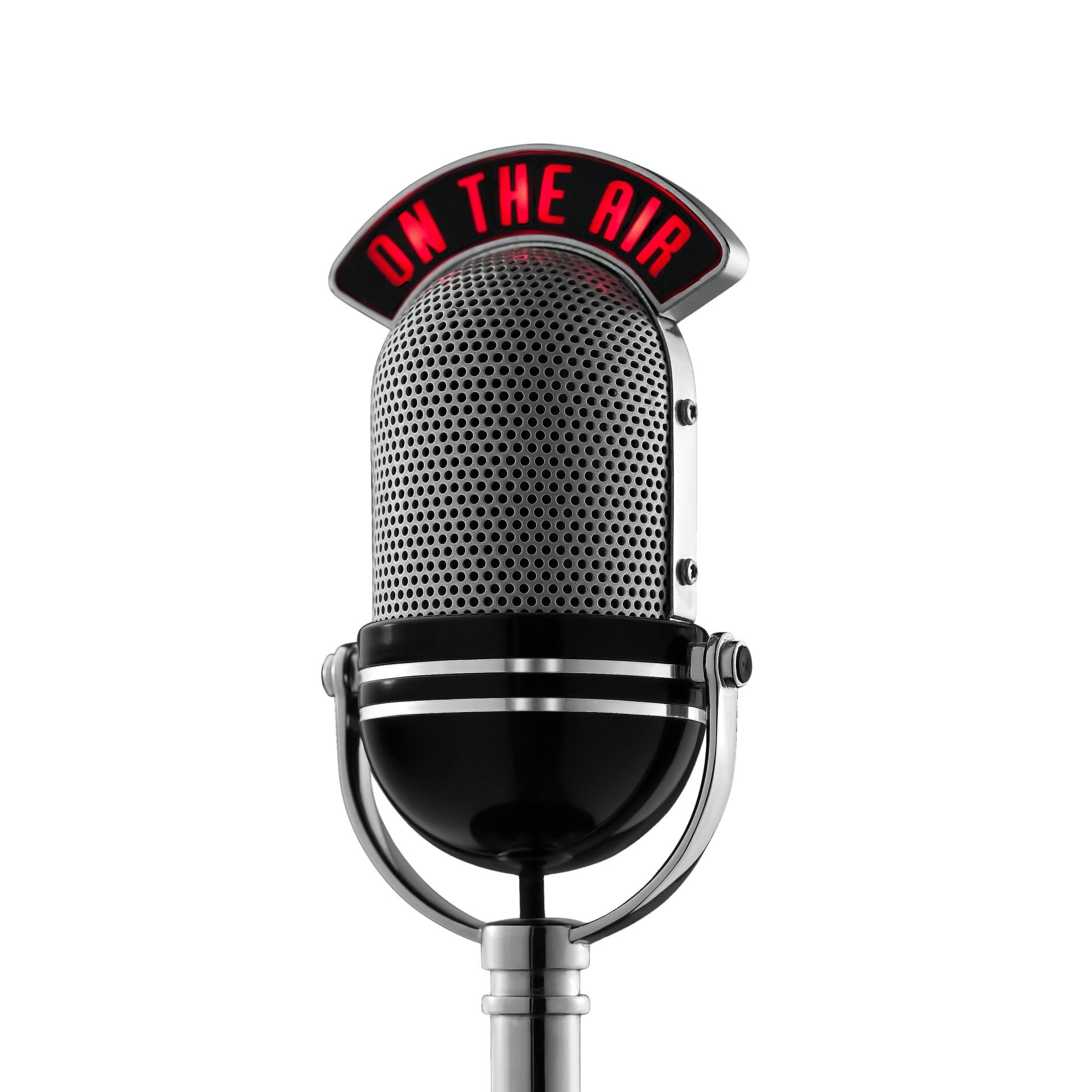 A vintage-style professional microphone on a stand against a white background, representing the AiArthritis Voices 360 Talk Show