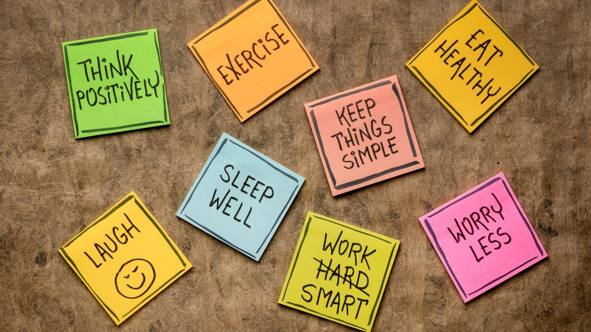 Colorful sticky notes with health and wellness tips, including 