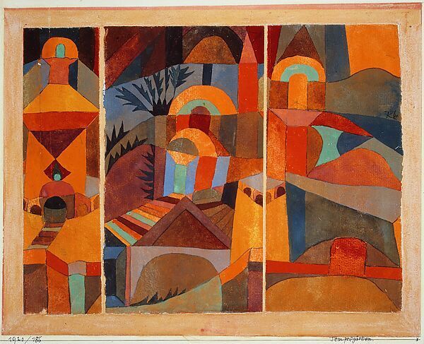 Abstract landscape painting with geometric forms, warm colors, and a triptych composition.