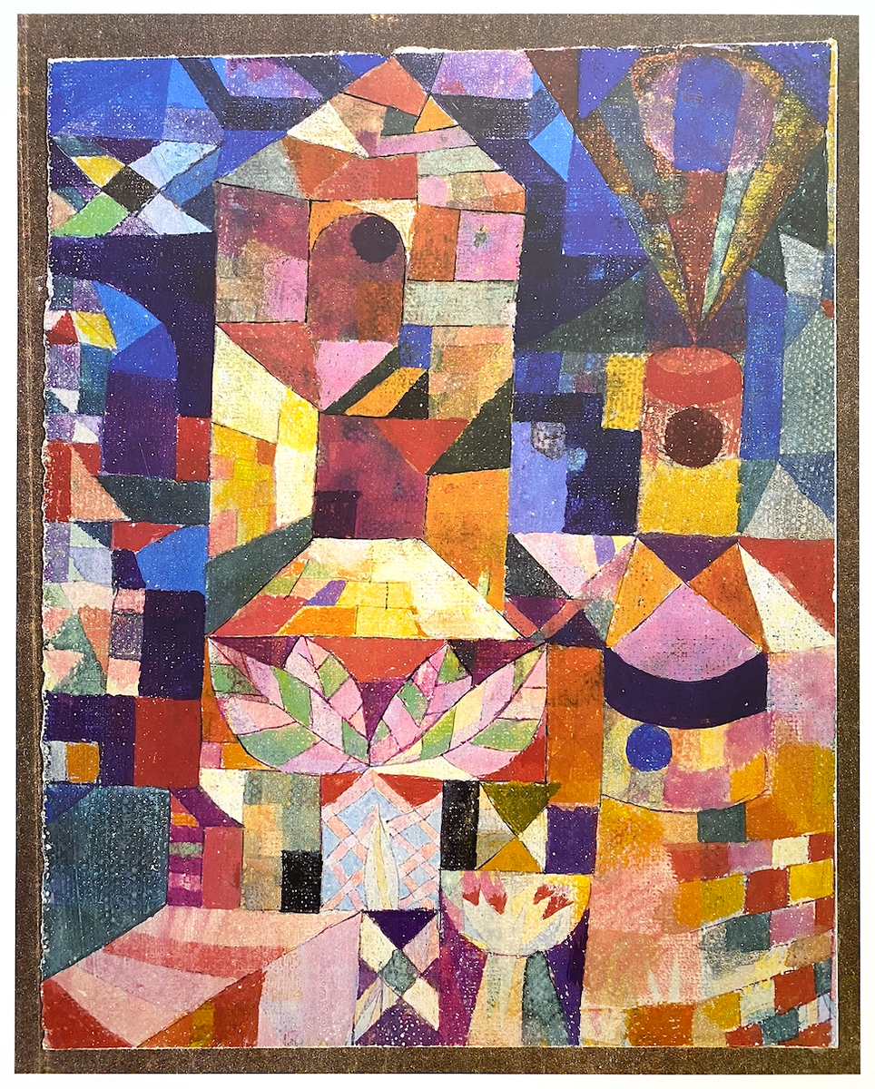 Abstract painting with geometric shapes, warm and cool colors, with architectural elements.