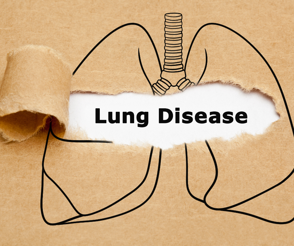 Tan colored paper with black outline of lungs. A small tear revealing white paper with Lung Disease