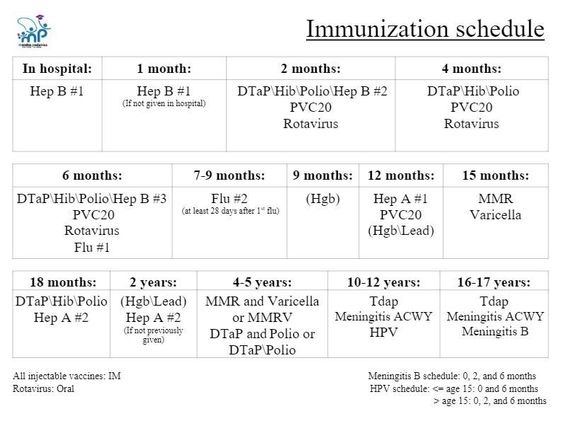 A table showing the immunization schedule for a child