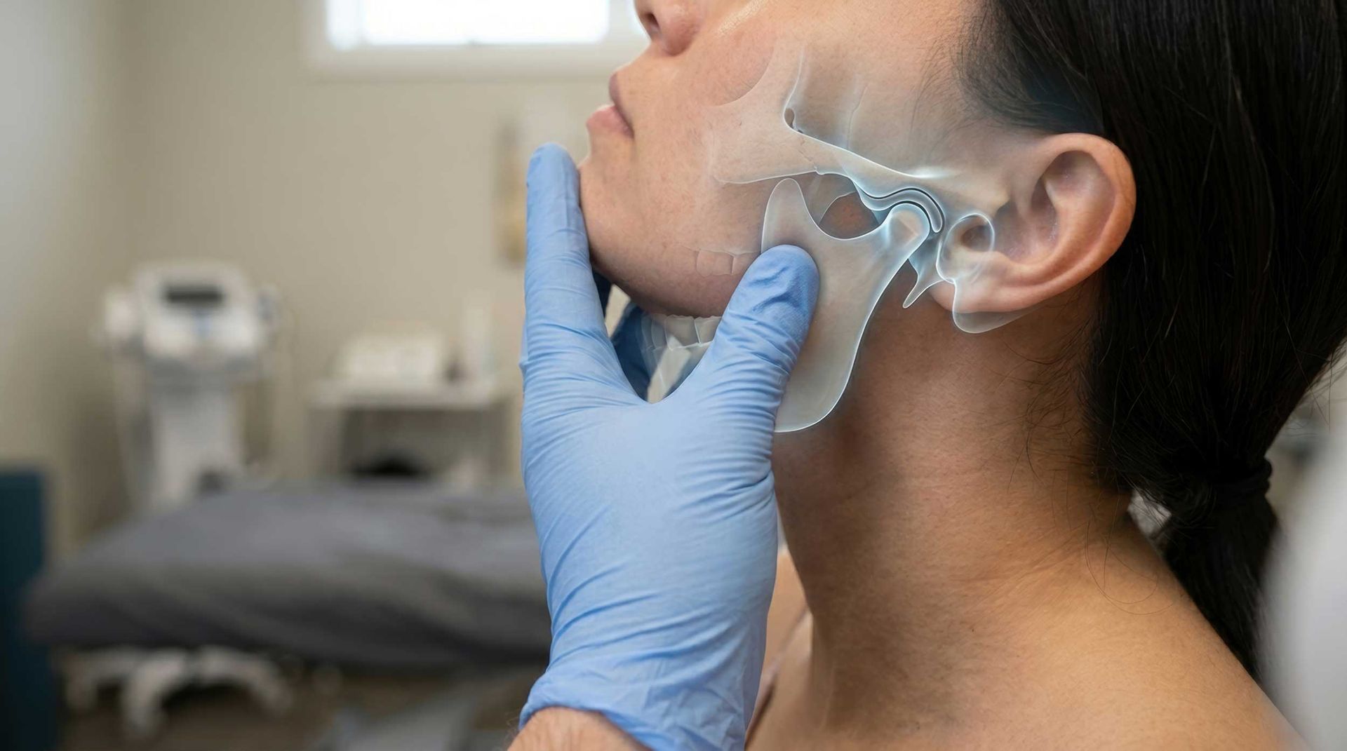 Doctor examining patient's jaw joint with anatomical overlay for TMJ diagnosis
