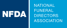Logo for the National Funeral Directors Association (NFDA) featuring white text on a blue background.