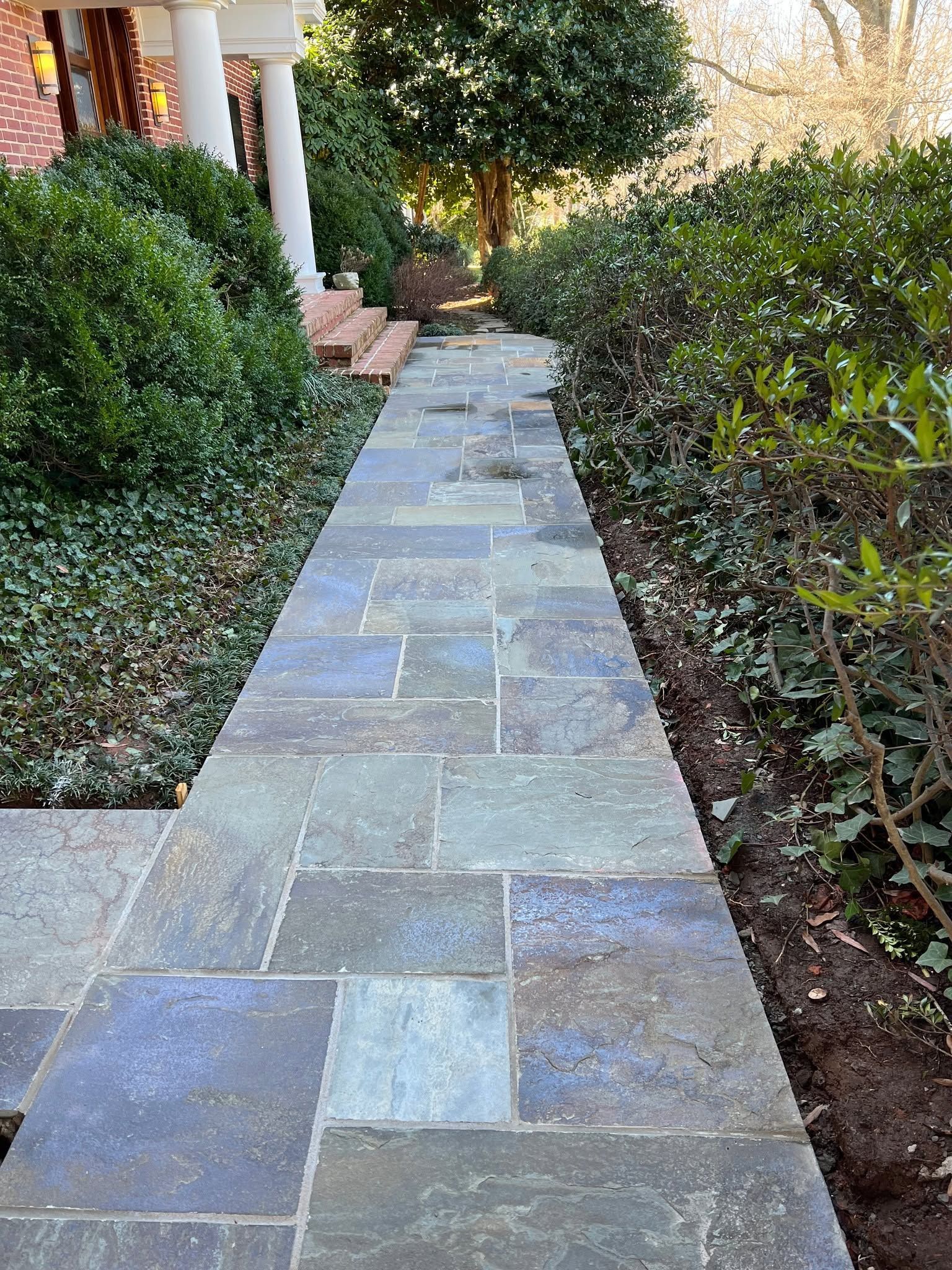 Stone garden walkway bordered by bushes and trees, leading toward a house