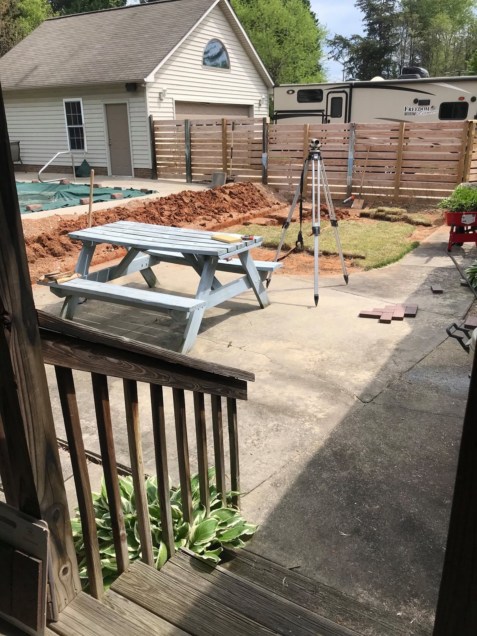 Backyard patio with picnic table, fenced garden beds, and a house in the background