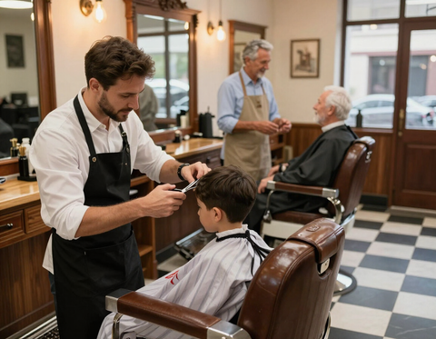 A barber trimming a child's hair while another barber chats with a senior client