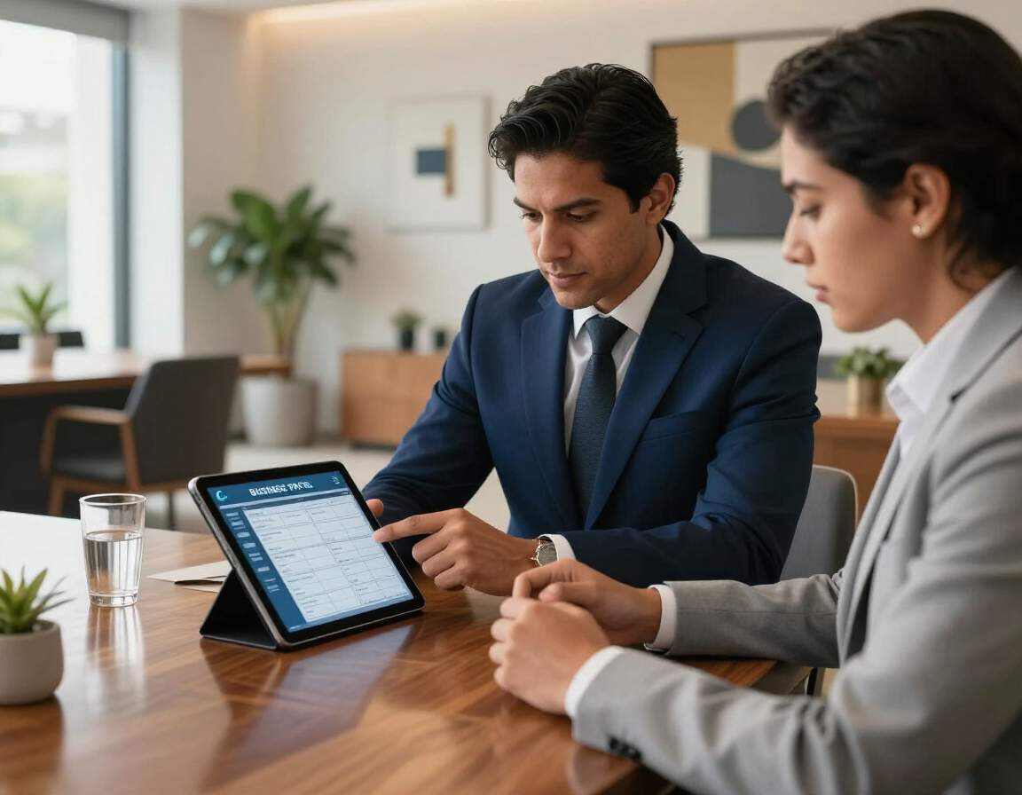 Asesor revisando agenda con cliente corporativo