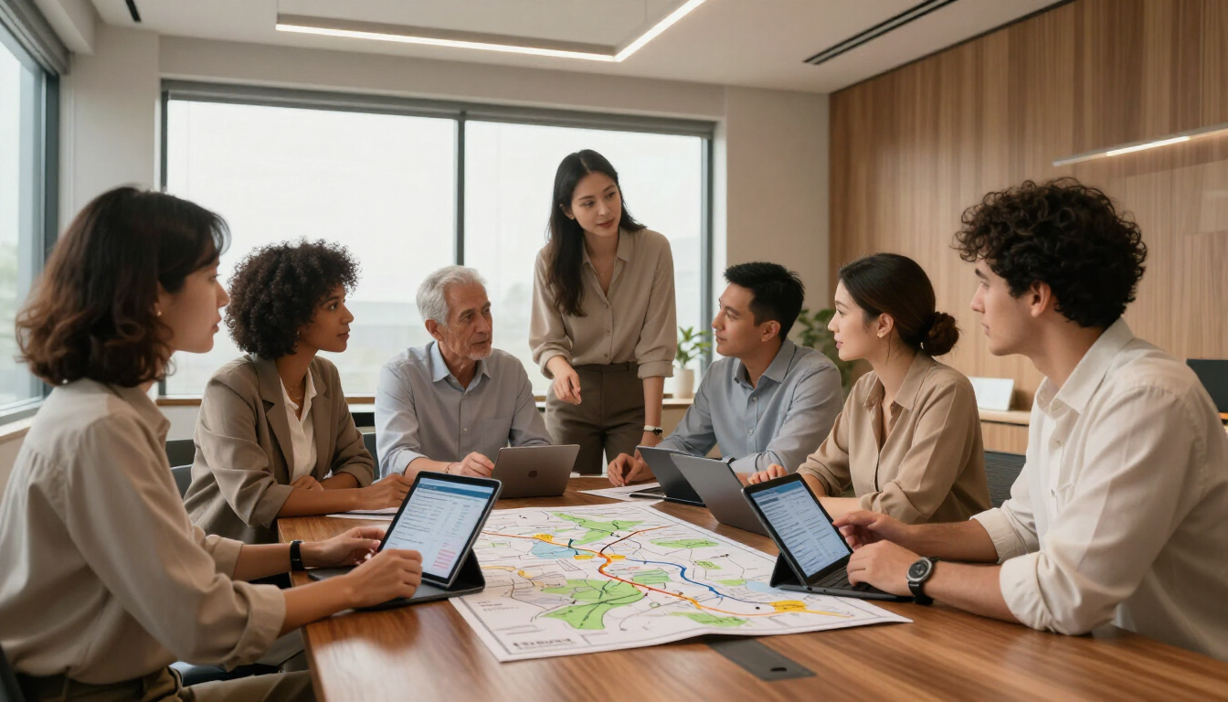 Equipo de trabajo revisando la estrategia del viaje
