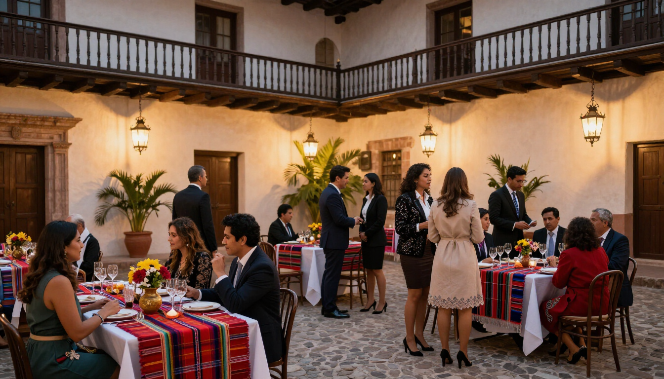 Cena de gala corporativa en un patio colonial peruano