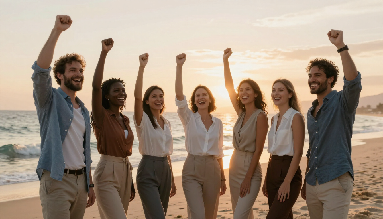 Equipo celebrando un logro en un entorno paradisíaco