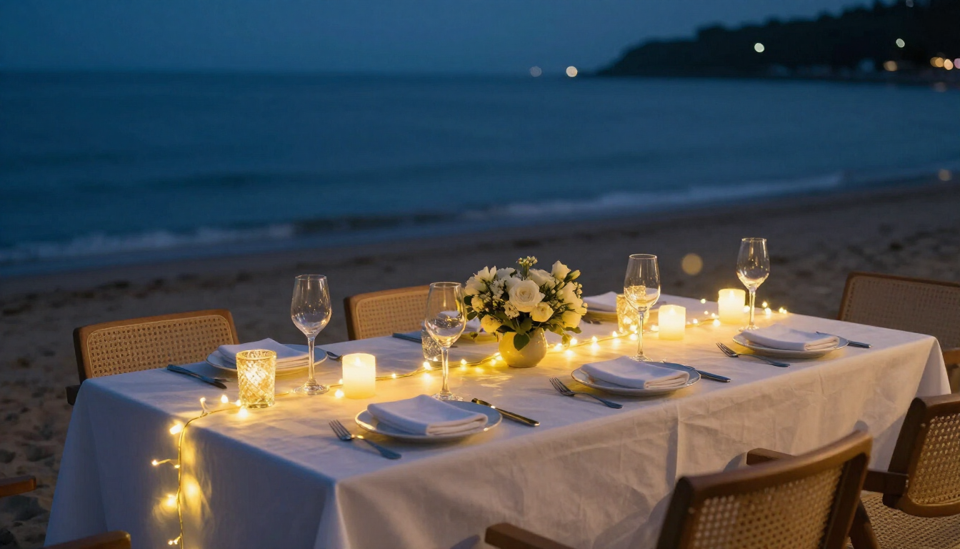 Detalle de una mesa servida para una cena corporativa elegante frente al mar