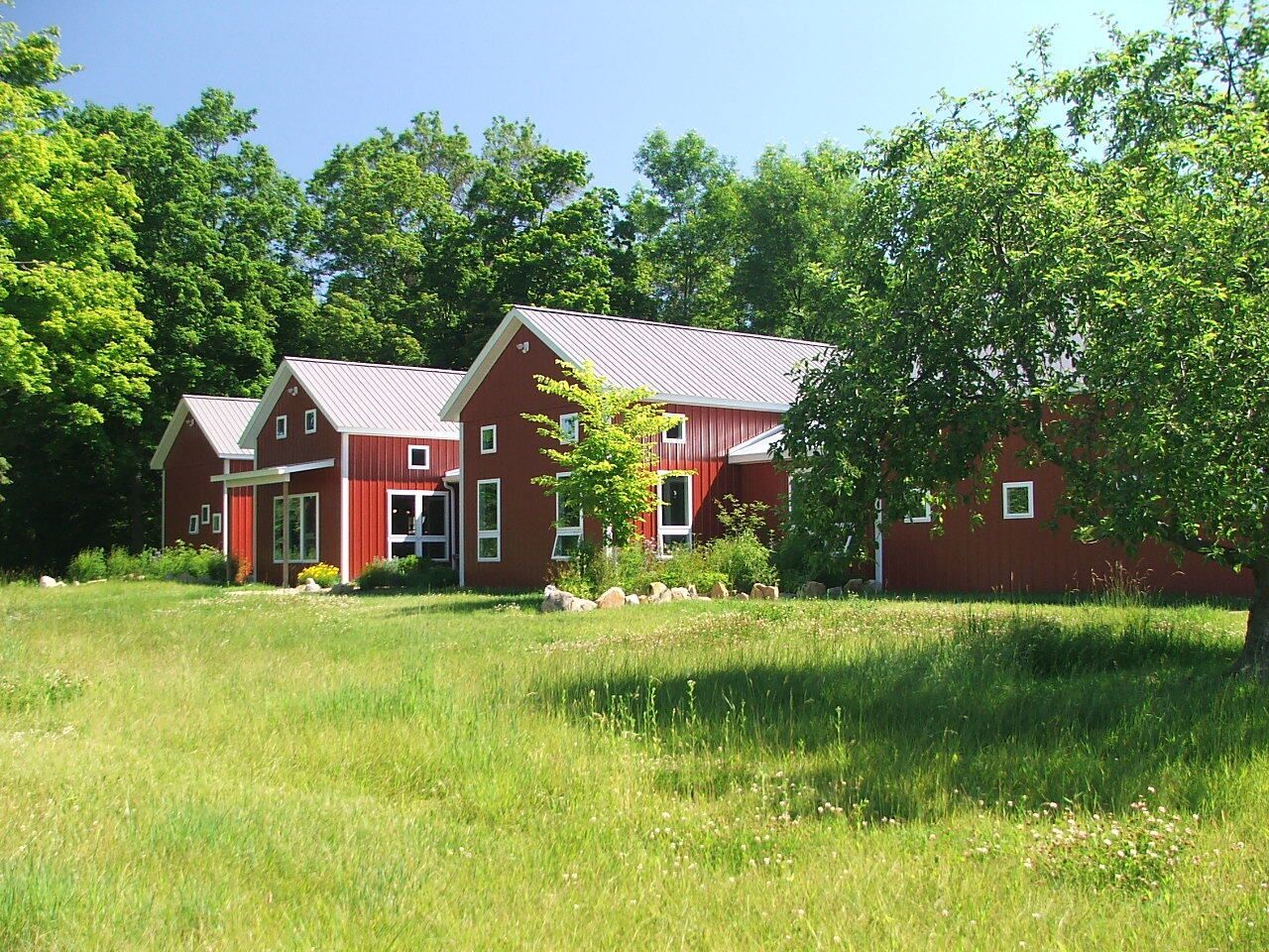 Red farmhouses with white roofs beside green trees and a grassy field under a blue sky