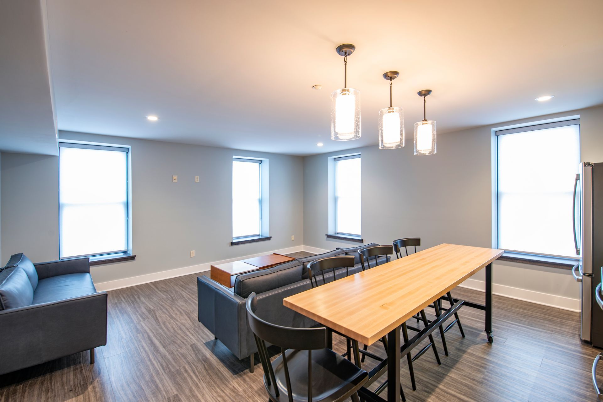 Modern dining and living room with a long wooden table, gray sofas, pendant lights, and large windows.