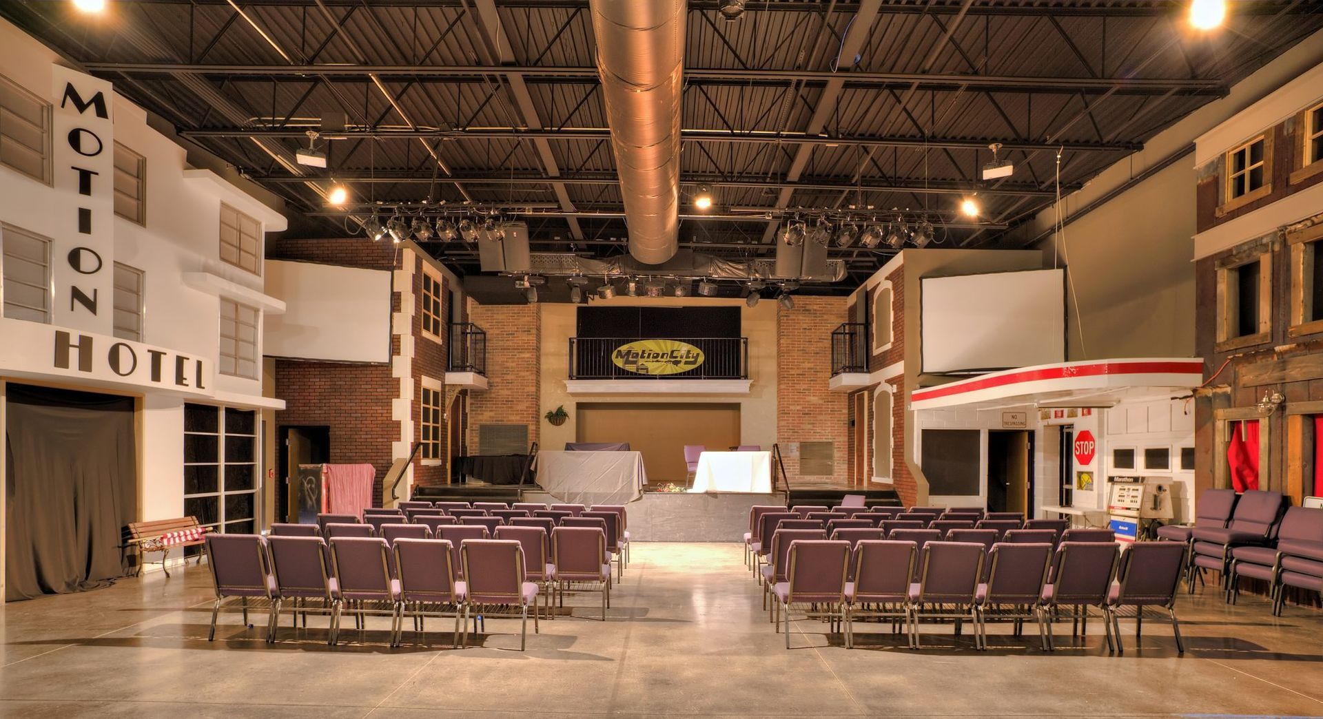 A large room with a sign that says motel on it.