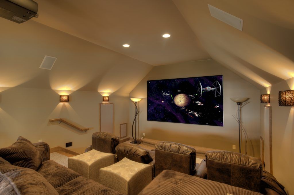 A home theater with a large screen on the wall.