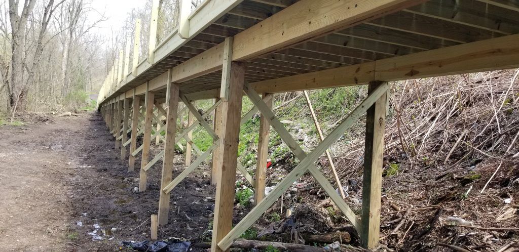 A wooden bridge over a stream in the woods.