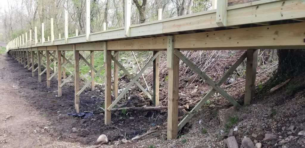 A wooden bridge is sitting on top of a dirt path in the woods.