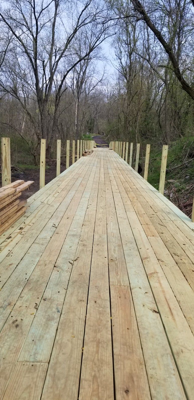 A wooden bridge is being built in the woods.