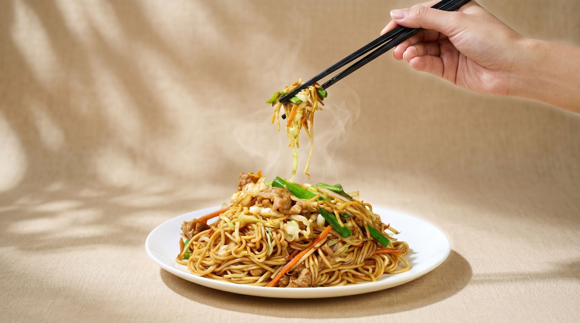Chopsticks lifting noodles from a plate of stir-fried noodles on a table