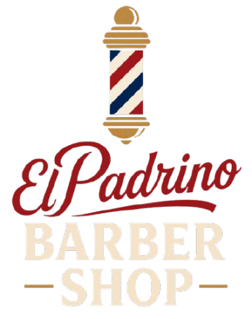 A logo for El Padrino Barber Shop featuring a red, white, and blue barber pole above the red text "El Padrino".