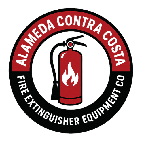 Alameda Contra Costa Fire Extinguisher Equipment Co. logo: red fire extinguisher icon in circle, with company name around it.