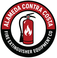 Logo for Alameda Contra Costa Fire Extinguisher Equipment Co. featuring a red fire extinguisher with white flames.