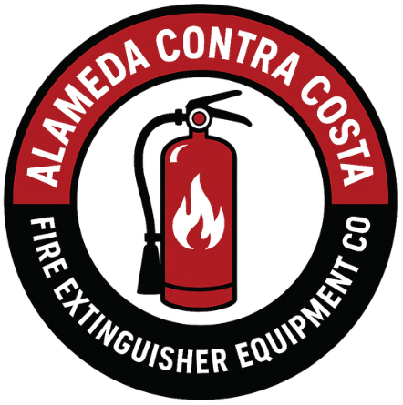 Logo for Alameda Contra Costa Fire Extinguisher Equipment Co. featuring a red fire extinguisher with white flames.