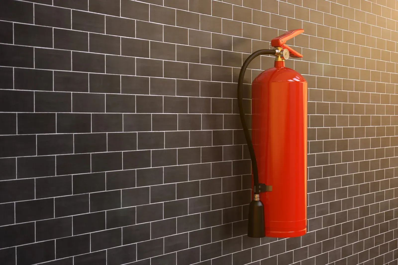 Red fire extinguisher mounted on a black tiled wall.
