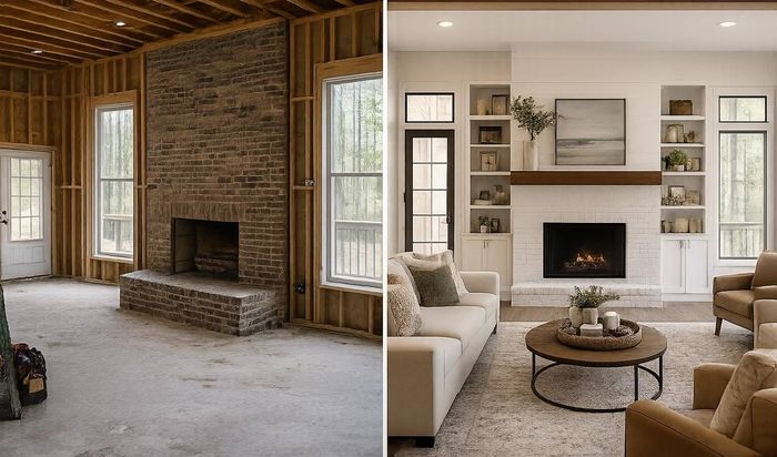 Before-and-after living room fireplace makeover: unfinished brick wall beside a bright, styled white mantel and seating area