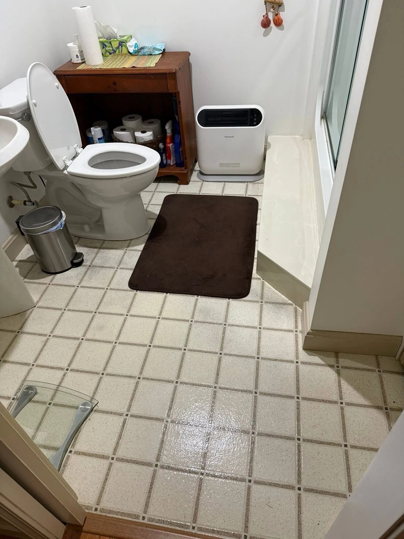Small bathroom with a toilet, trash can, brown bath mat, and a wet tile floor.