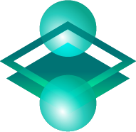 Abstract teal geometric logo with two glowing circles and a diamond-shaped outline