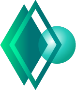 Teal geometric logo with layered diamond shapes and a circular element on the right