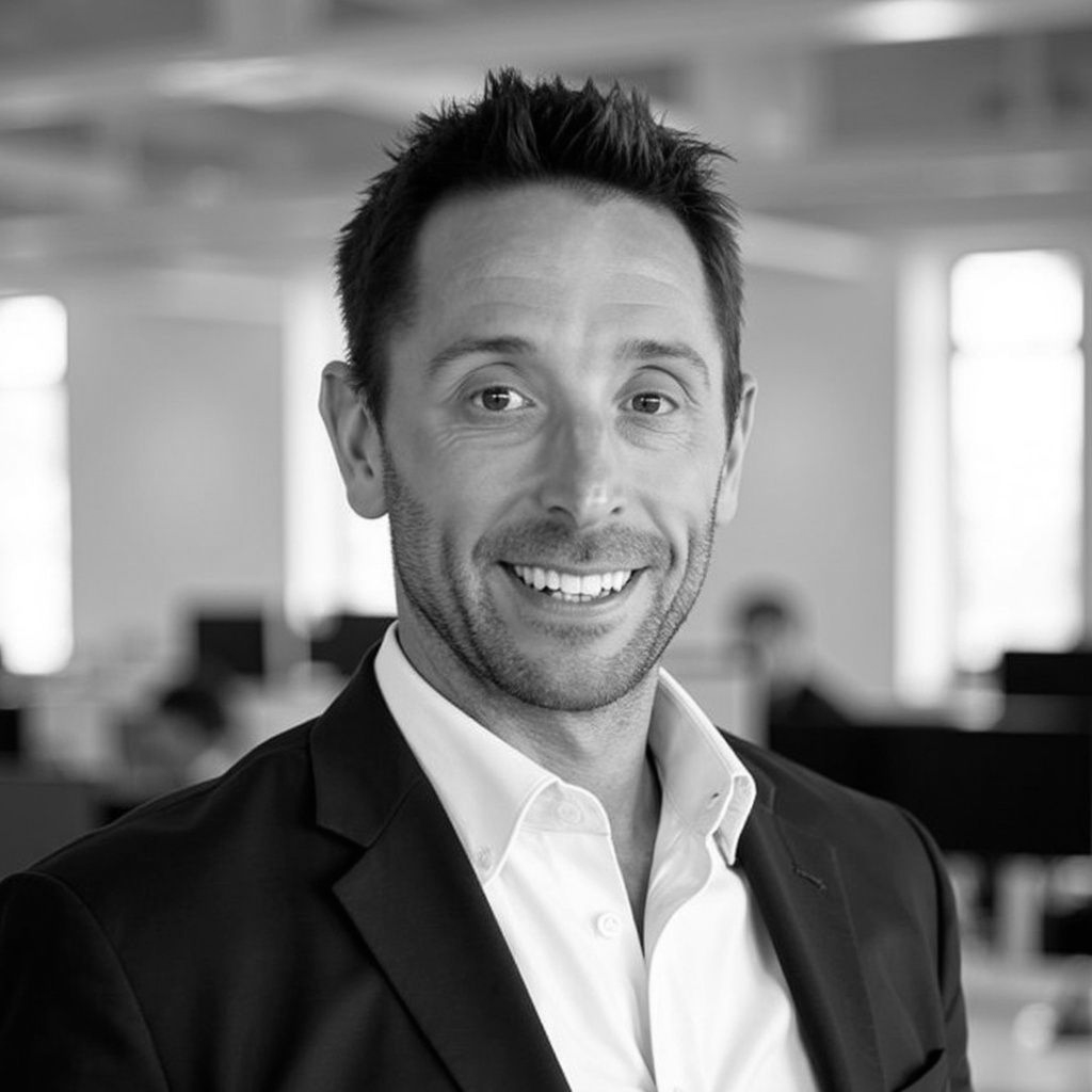 Smiling man in a suit and white shirt in a modern office setting