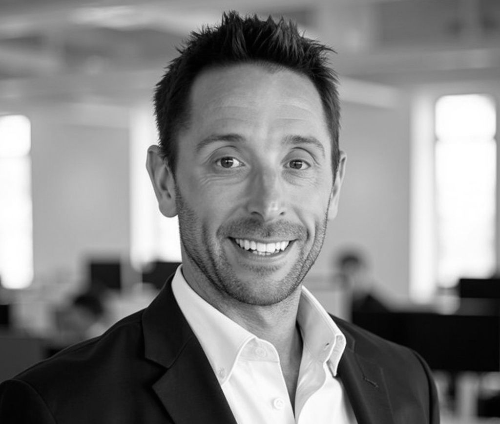Smiling man in a black suit and white shirt in a bright office setting