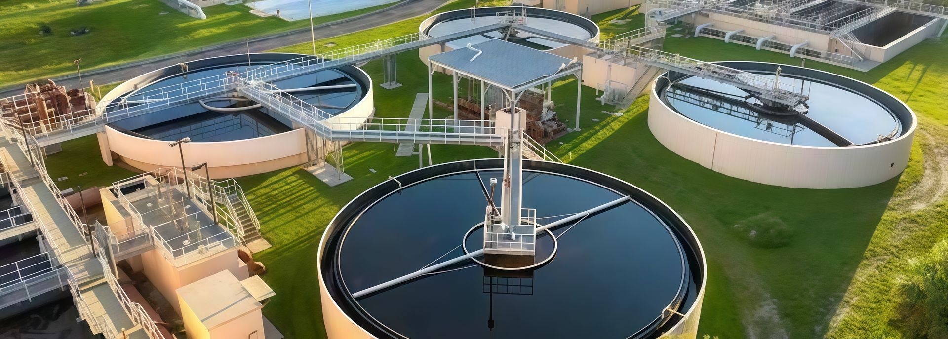 Aerial view of a wastewater treatment plant with circular tanks and green grass nearby