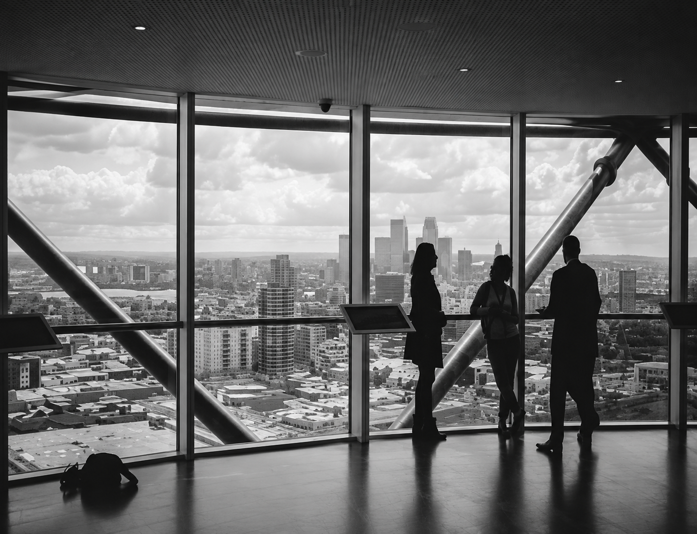 Silhouetted people by floor-to-ceiling windows overlooking a city skyline in black and white.