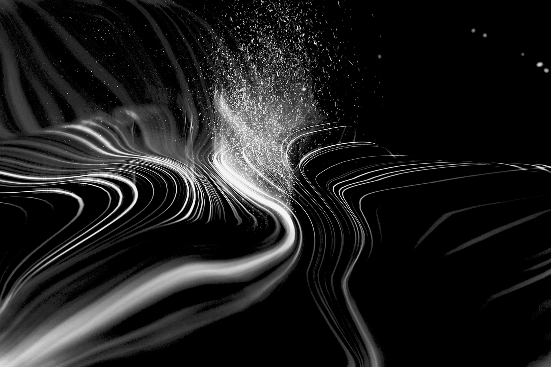 Abstract black-and-white flowing light trails with a bright central burst on a dark background