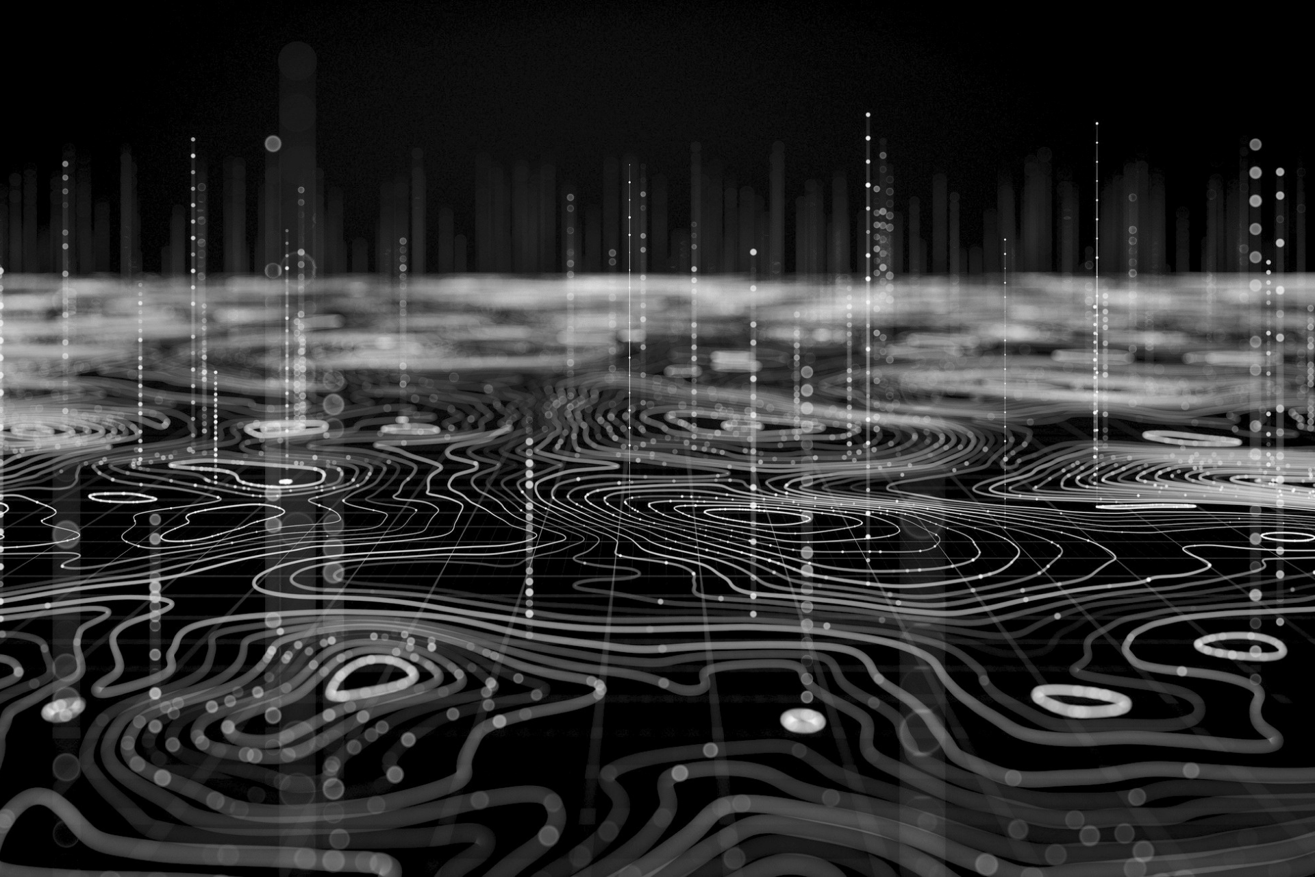 Abstract black-and-white digital landscape with glowing topographic lines and vertical data-like light pillars