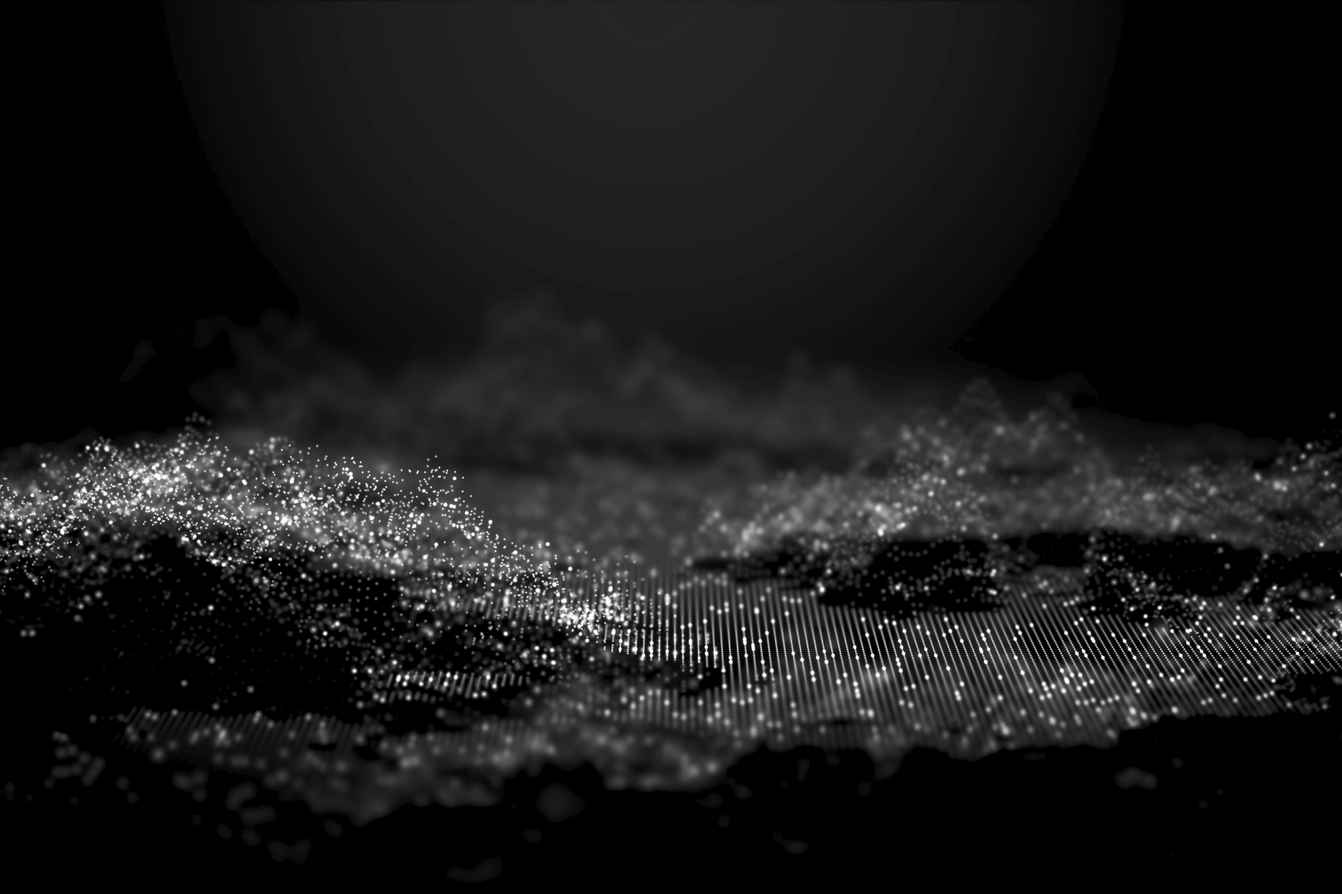 Abstract black-and-white particles forming a glowing wave across a dark background