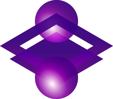 Purple geometric logo with two glowing spheres connected by angular shapes